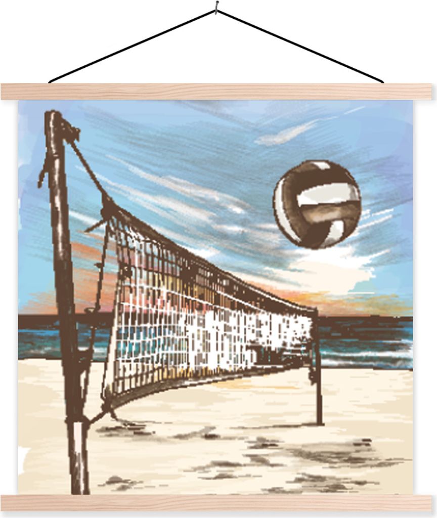 MuchoWow Textilposter Strand - Volleyball - Netz 40x40 cm mit holzfarbenen Rahmen - Posterleiste