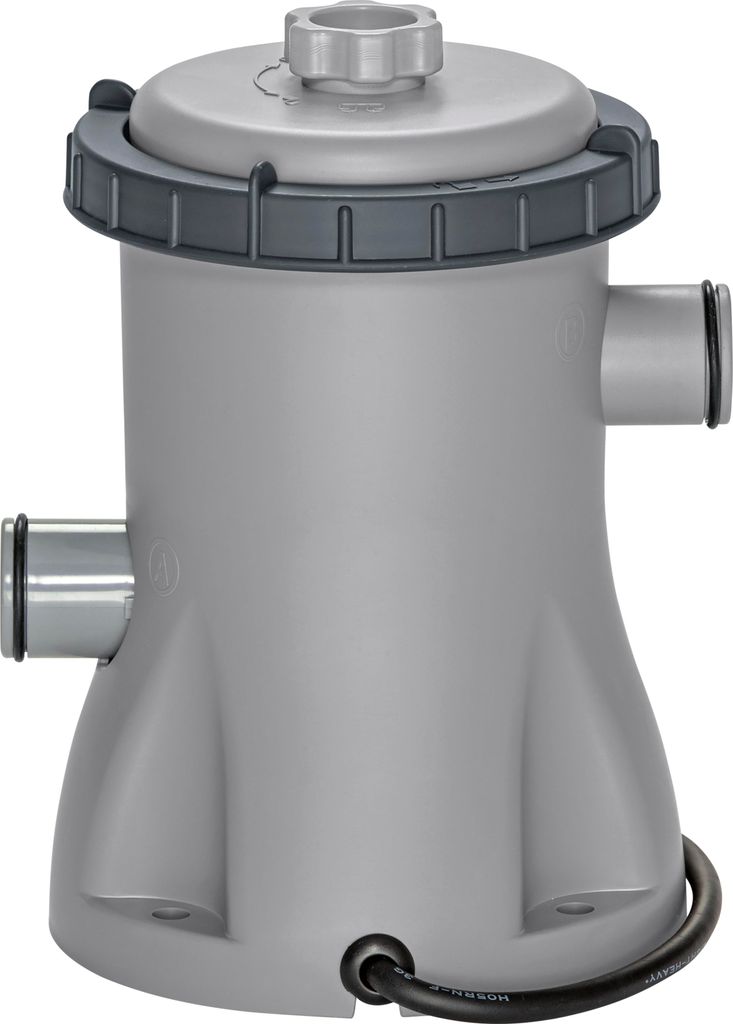 A gray filter pump for a swimming pool is shown against a white background.