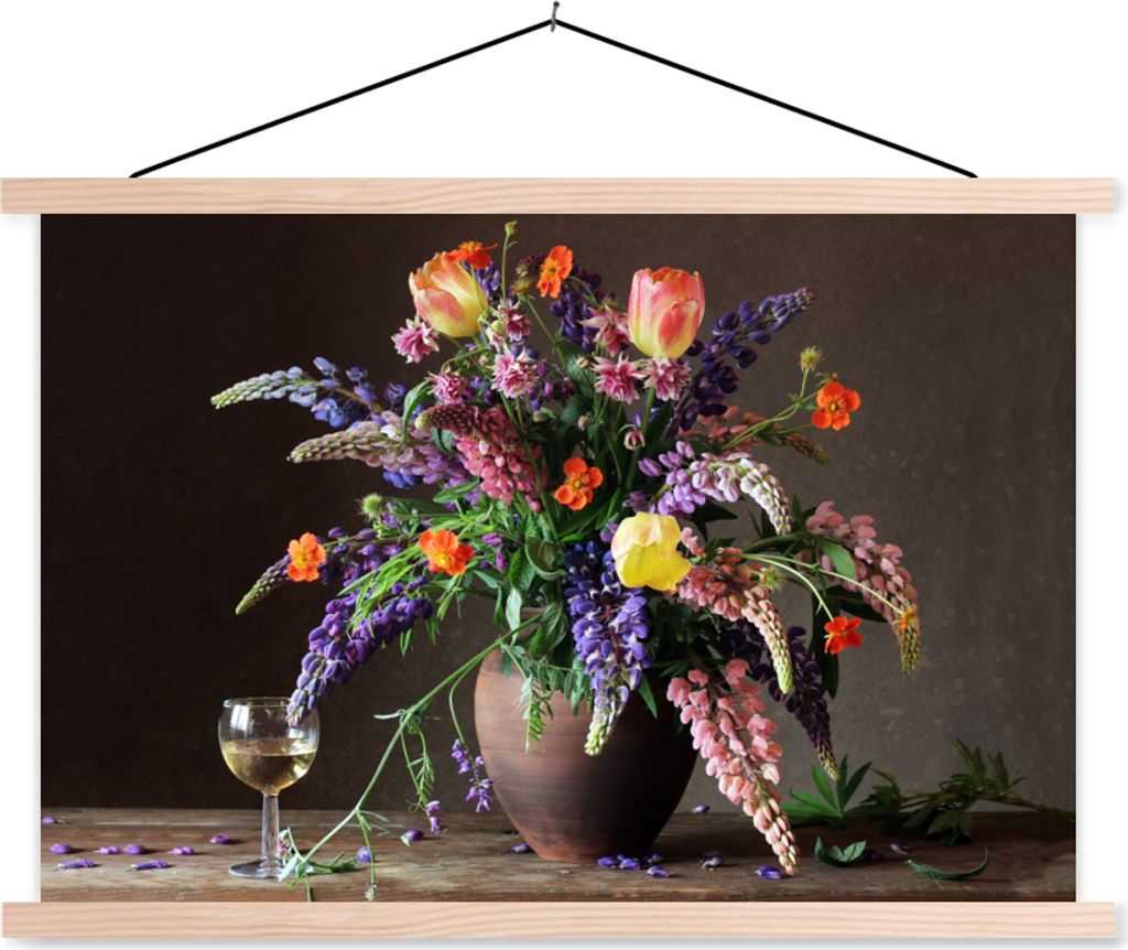 MuchoWow Textilposter Stilleben - Wein - Blumen 60x40 cm mit holzfarbenen Rahmen - Bilder