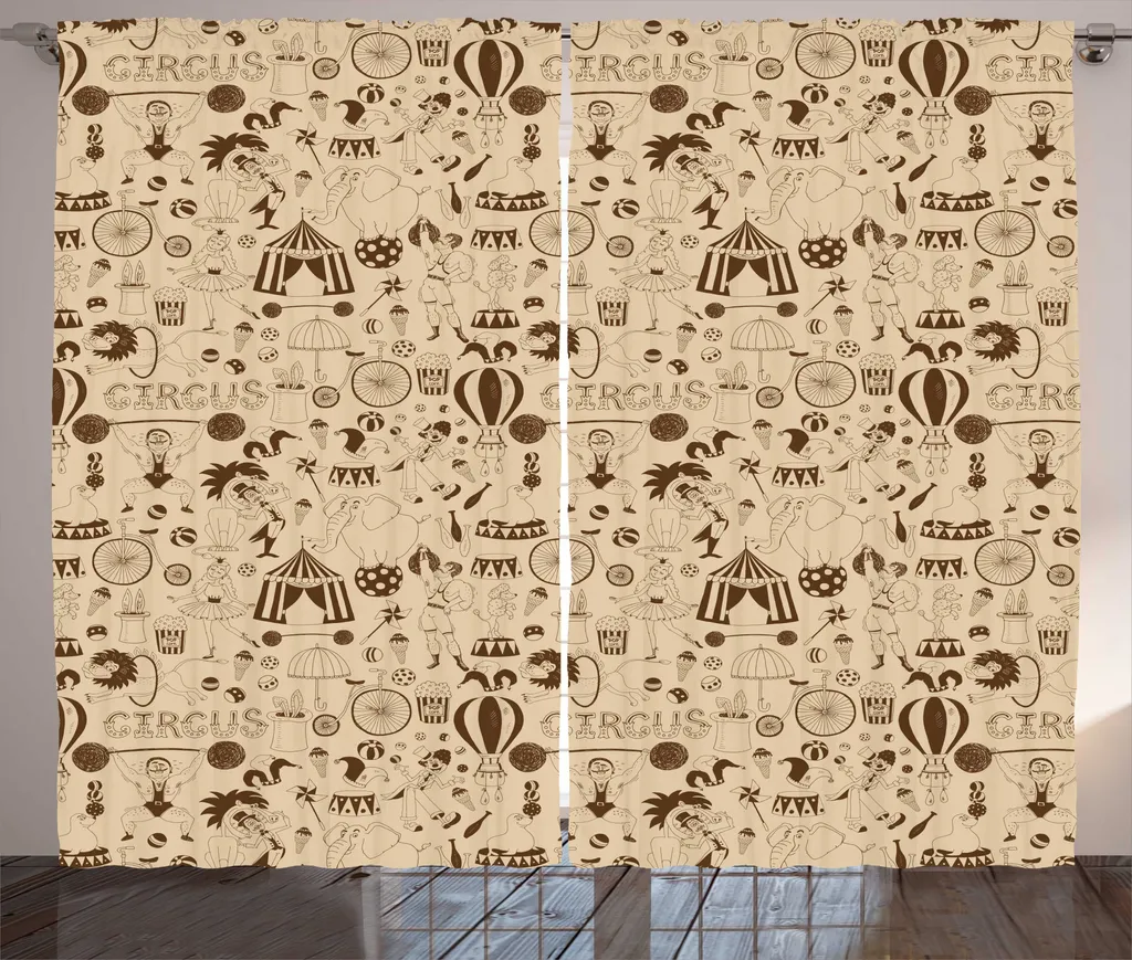 Grand rideau rustique motifs esquissés beige chocolat 280x225 cm