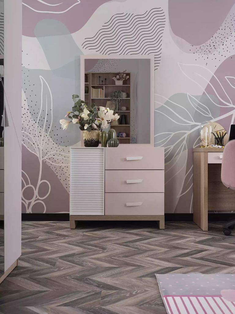 Kommode mit Spiegel Kindermöbel Holz Rosa 2tlg Kinderzimmer Schrank