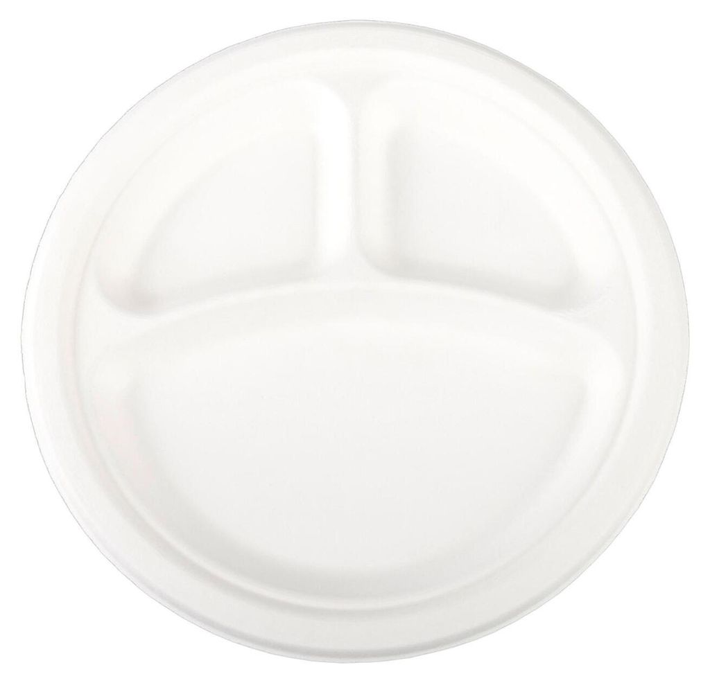 50x Teller 3-geteilt aus Bagasse, naturweiß, rund Ø26cm, Produktbild 