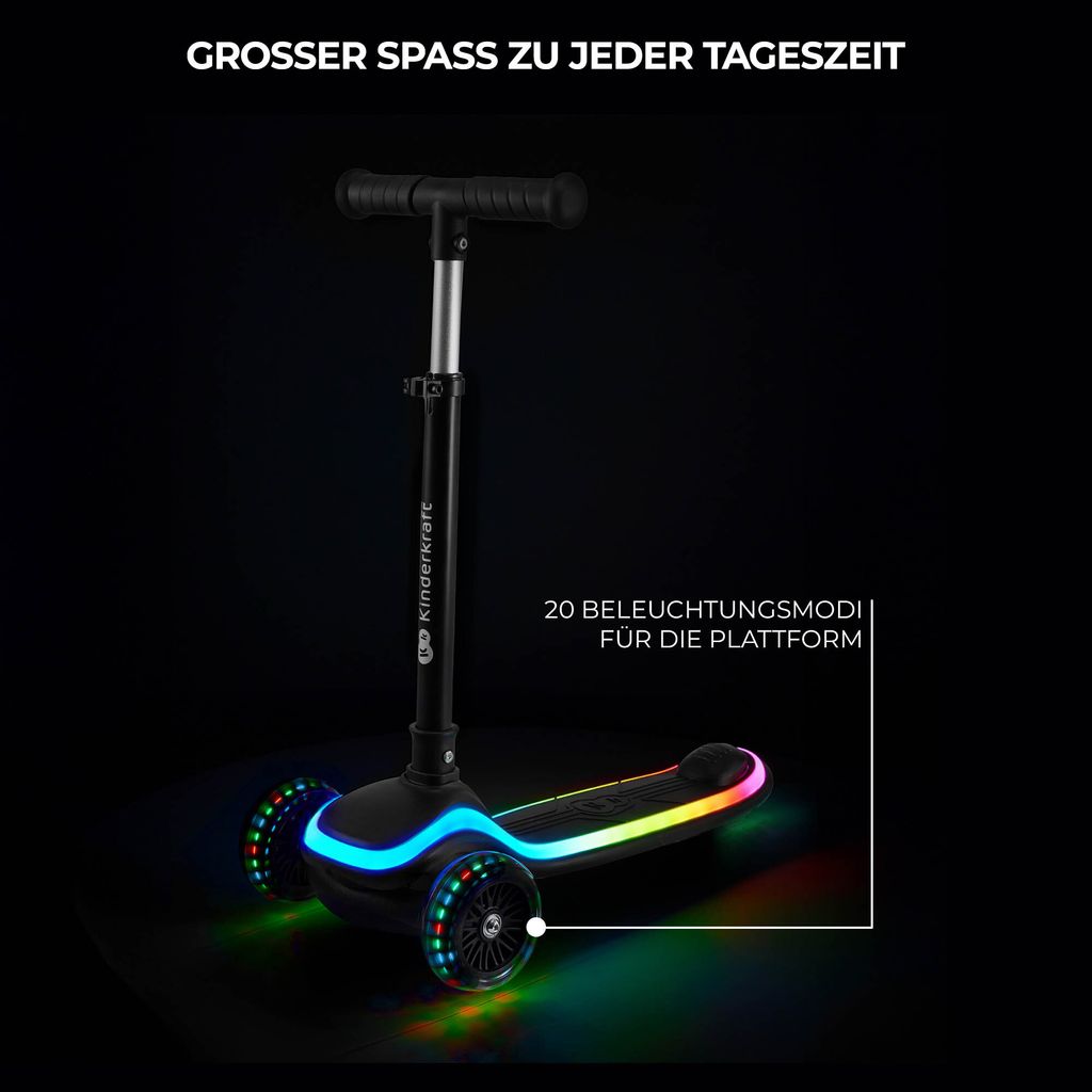 A three-wheeled scooter with LED lights on the platform and wheels, set against a dark background.