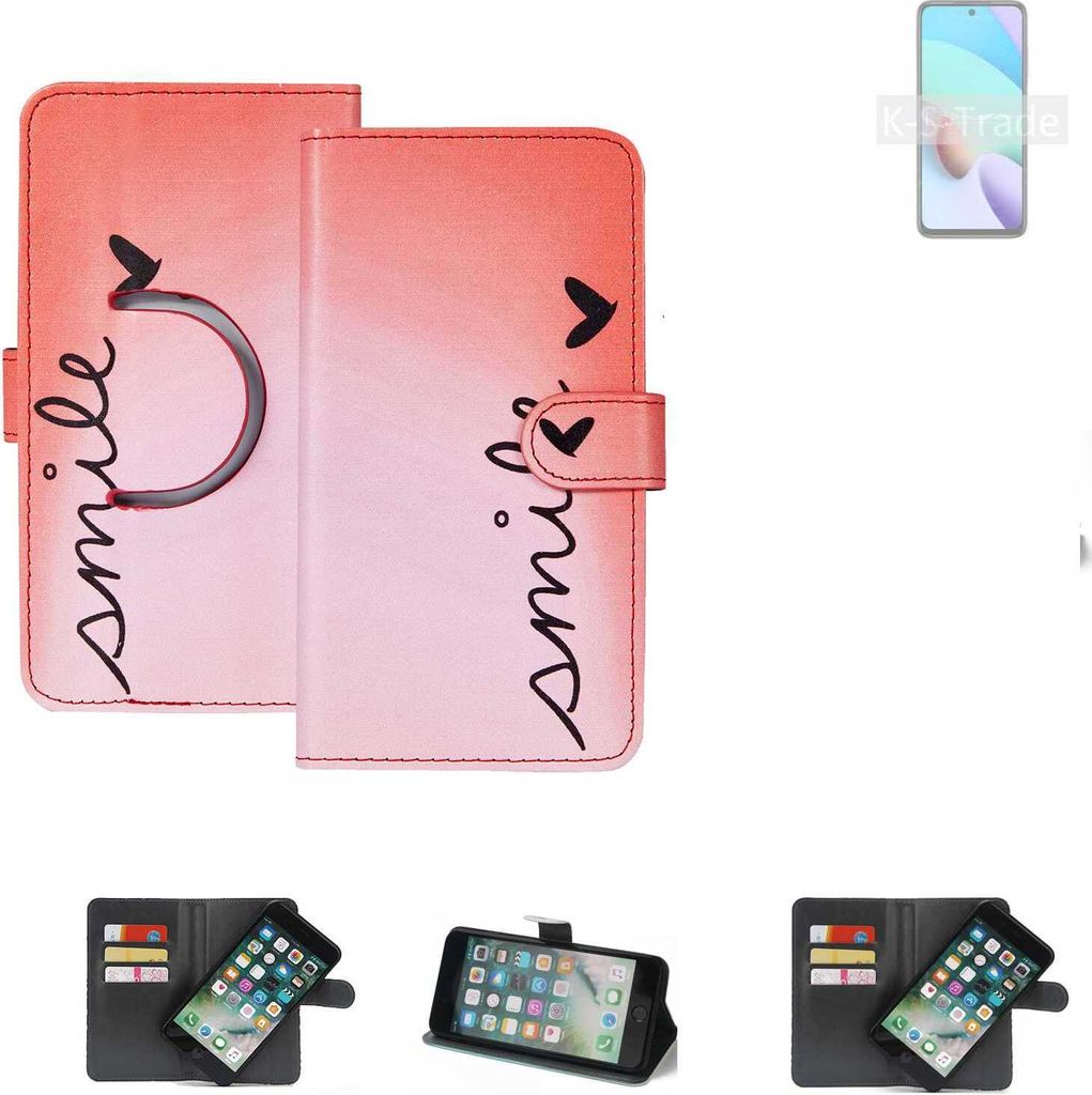 K-S-Trade Schutzhülle Handyhülle kompatibel mit Xiaomi Redmi 10 2022 Hülle cover bookstyle Etui ''smile'' rot Standfunktion Kameraschutz (1Stk)