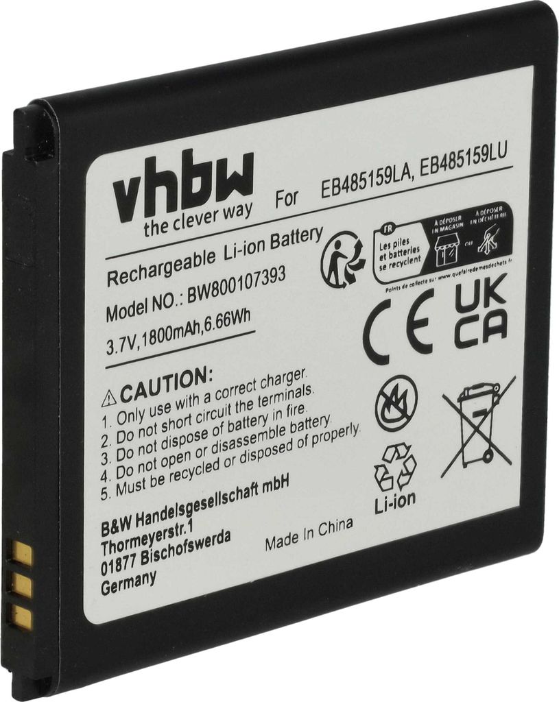 vhbw Akku kompatibel mit Samsung Galaxy GT-S7710, Reverb SPH-M950DAAVMU, Reverb SPH-M950, Xcover 2 Handy Smartphone Telefon (1800 mAh, 3,7 V, Li-Ion)