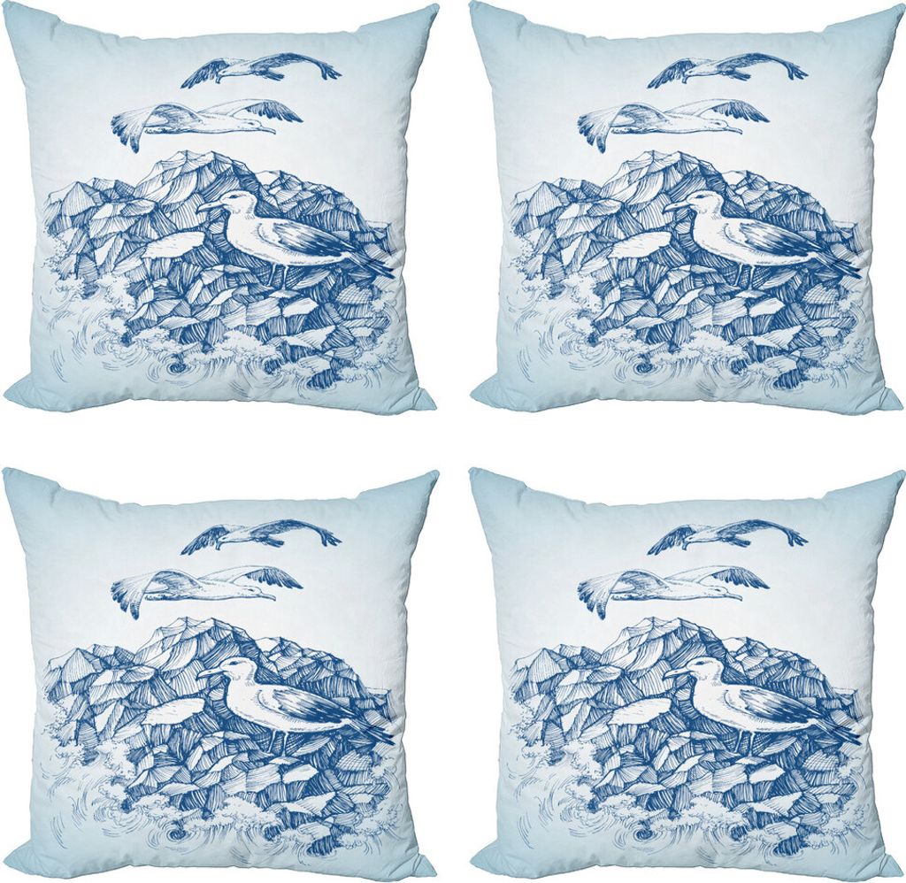 ABAKUHAUS Seagulls Kissenbezug Set (4 Stück), Seagull Berg Sketch, Moderner Doppelseitiger Digitaldruck, 40 cm x 40 cm, Blau Weiß Navy