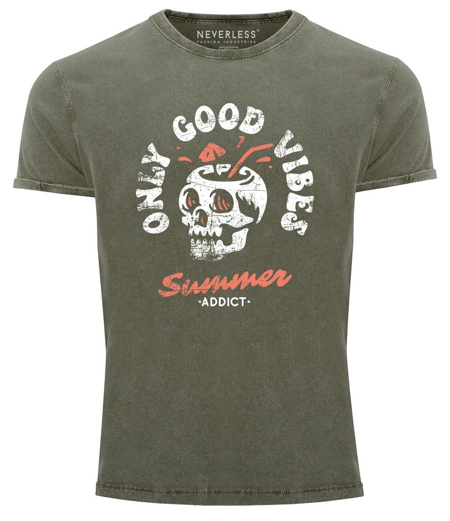 Herren Vintage Shirt Totenkopf Schrift Only Good Vibes Skull Summer Sommer Printshirt Aufdruck Used Look Neverless oliv 3XL