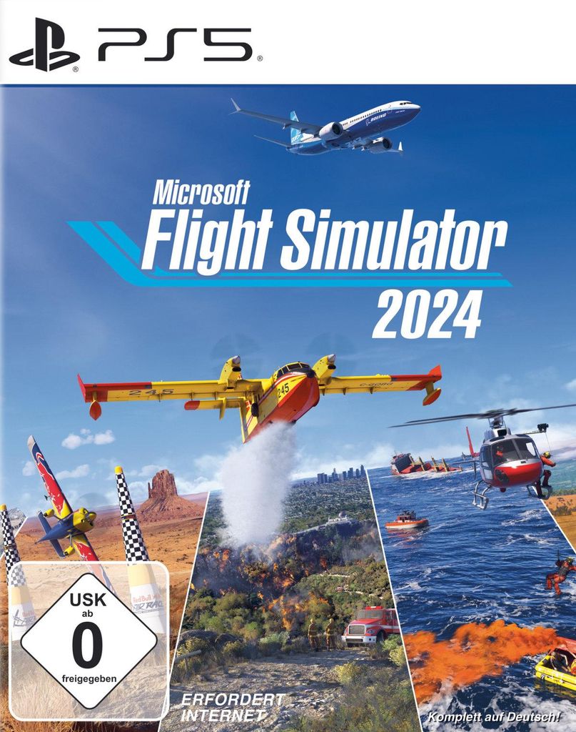 A collage of different flight scenarios from Microsoft Flight Simulator 2024, including aerial firefighting, aerobatics, and a helicopter rescue.