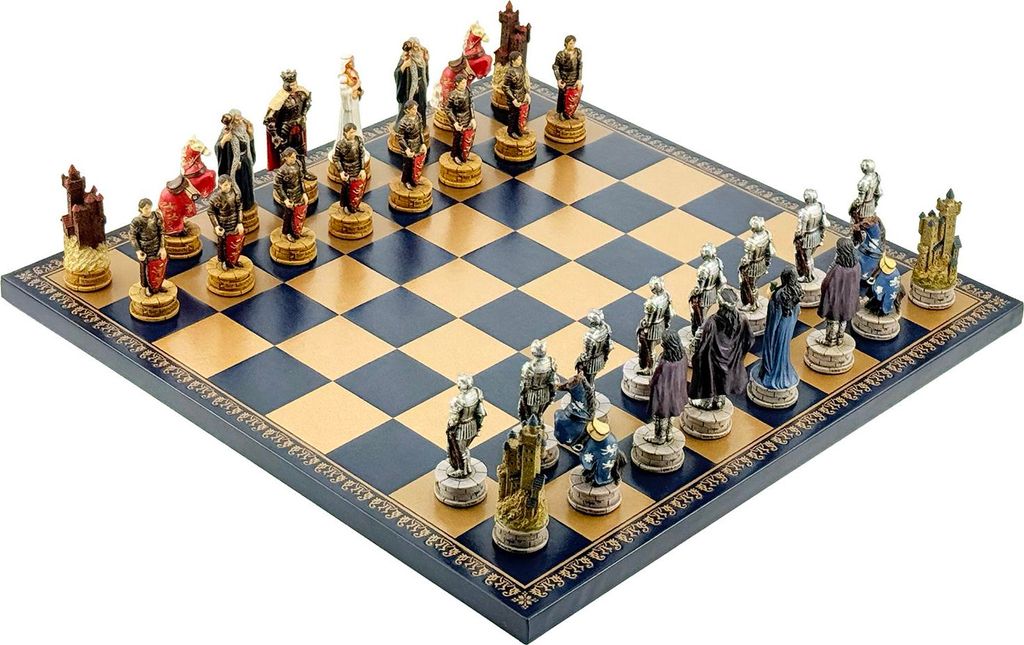 König Arthur Sammlerschachset - Italfama Polystone Figuren mit Leder-Schachbrett 40x40 cm