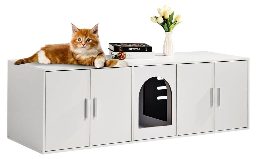 Katzenschrank für Katzentoilette, Katzenhaus mit Doppelräumen, Holzschrank für Katzentoiletten, Katzenmöbel 1,47 x 0,46 x 0,45 m, weiß