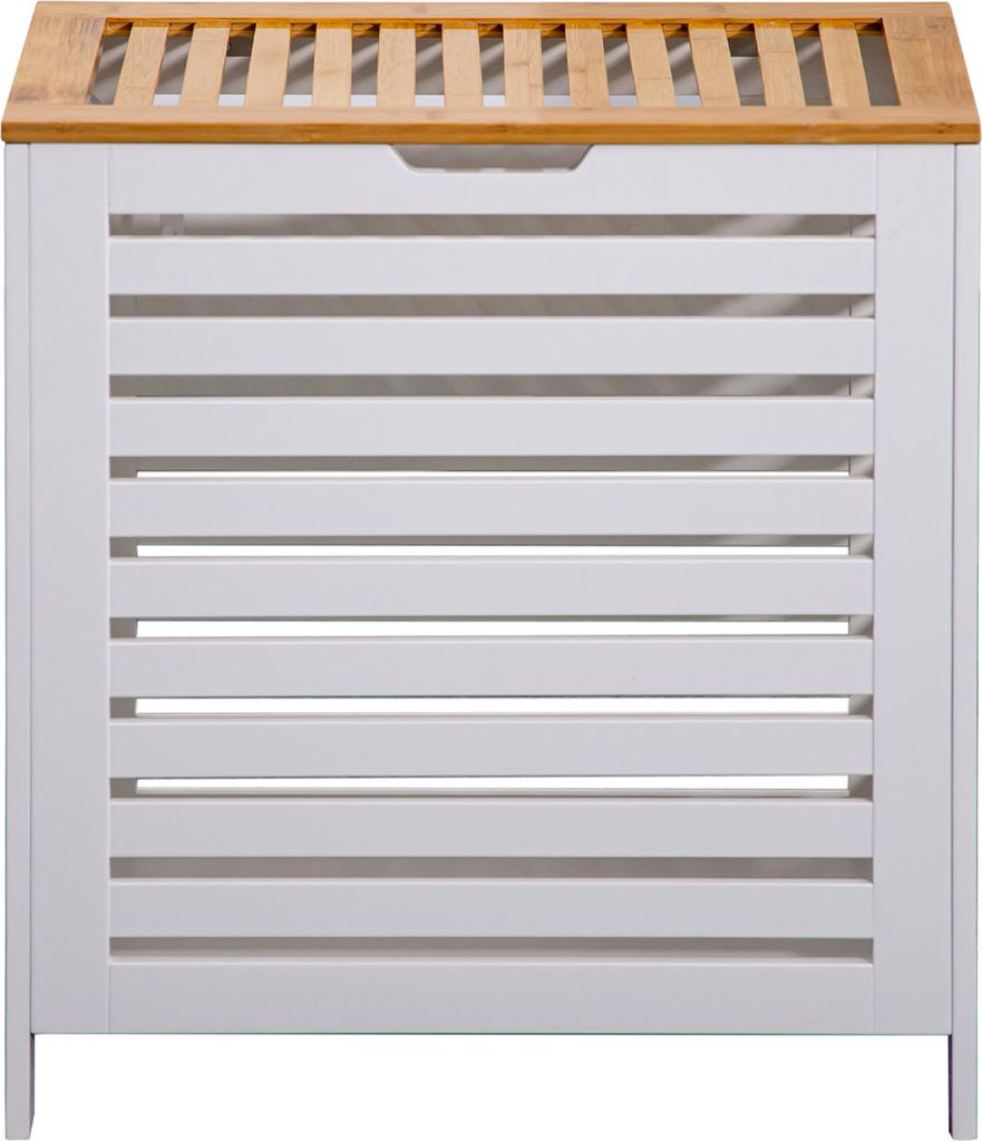 A white laundry basket with a slatted front and a bamboo lid.