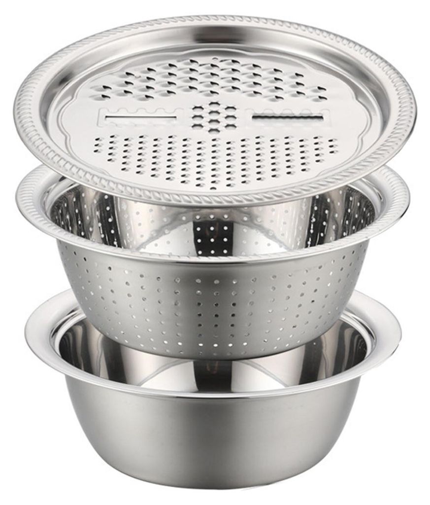 Multifunktionaler Gemüseschneider 4-in-1: Reibe, Hobel, Deckel mit Abtropfkorb zum Waschen, Abtropfen und Schneiden von Obst und Gemüse, 26 cm