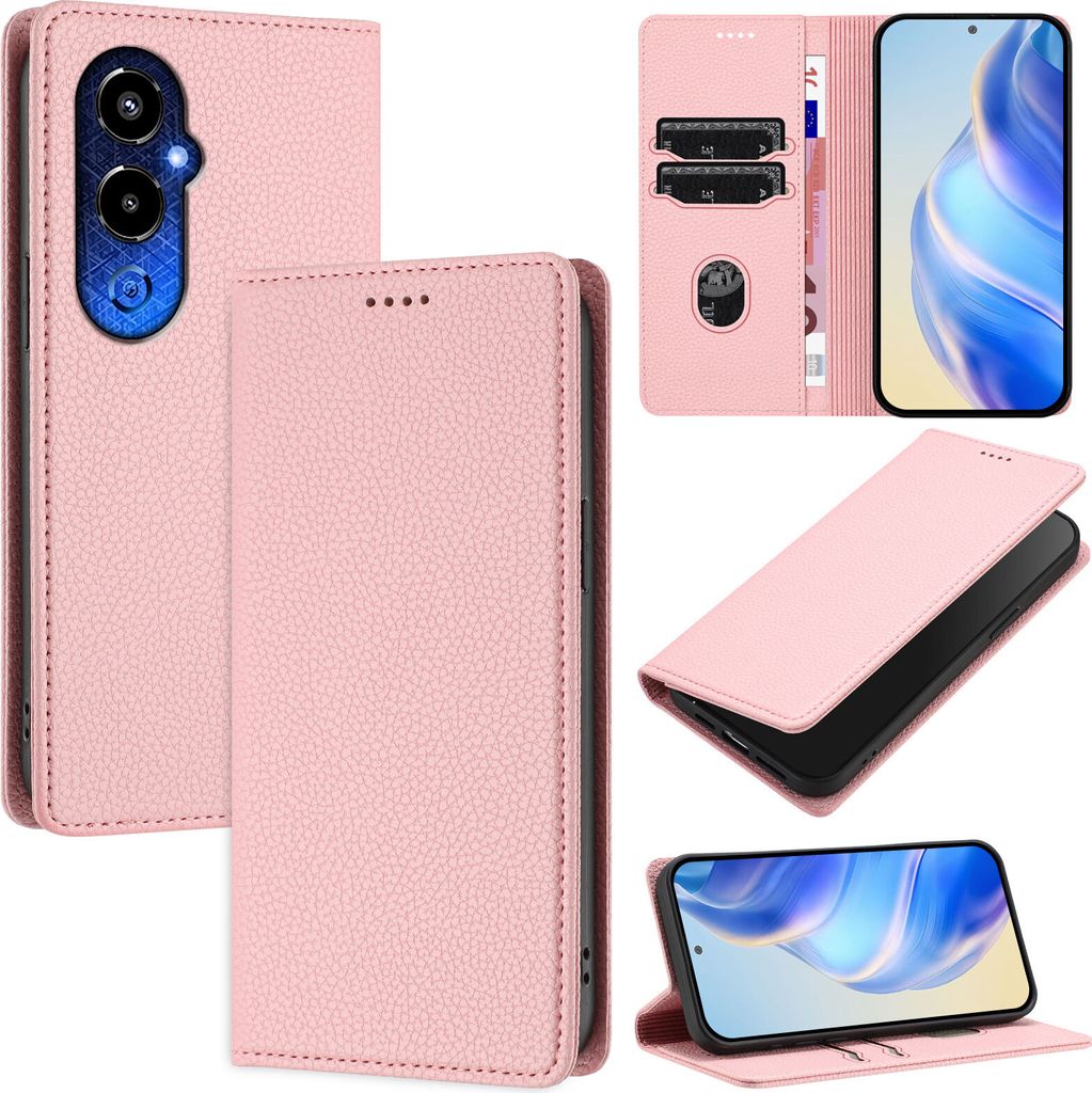 Litchi Leder Handyhülle für Tecno Pova 4 Pro Wallet Kartenfächer Standfunktion Hülle Pink