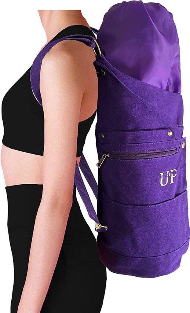 Große XXL-Tasche aus Baumwollematerial in Lila für Yoga-Matte-Blocken und Zubehör