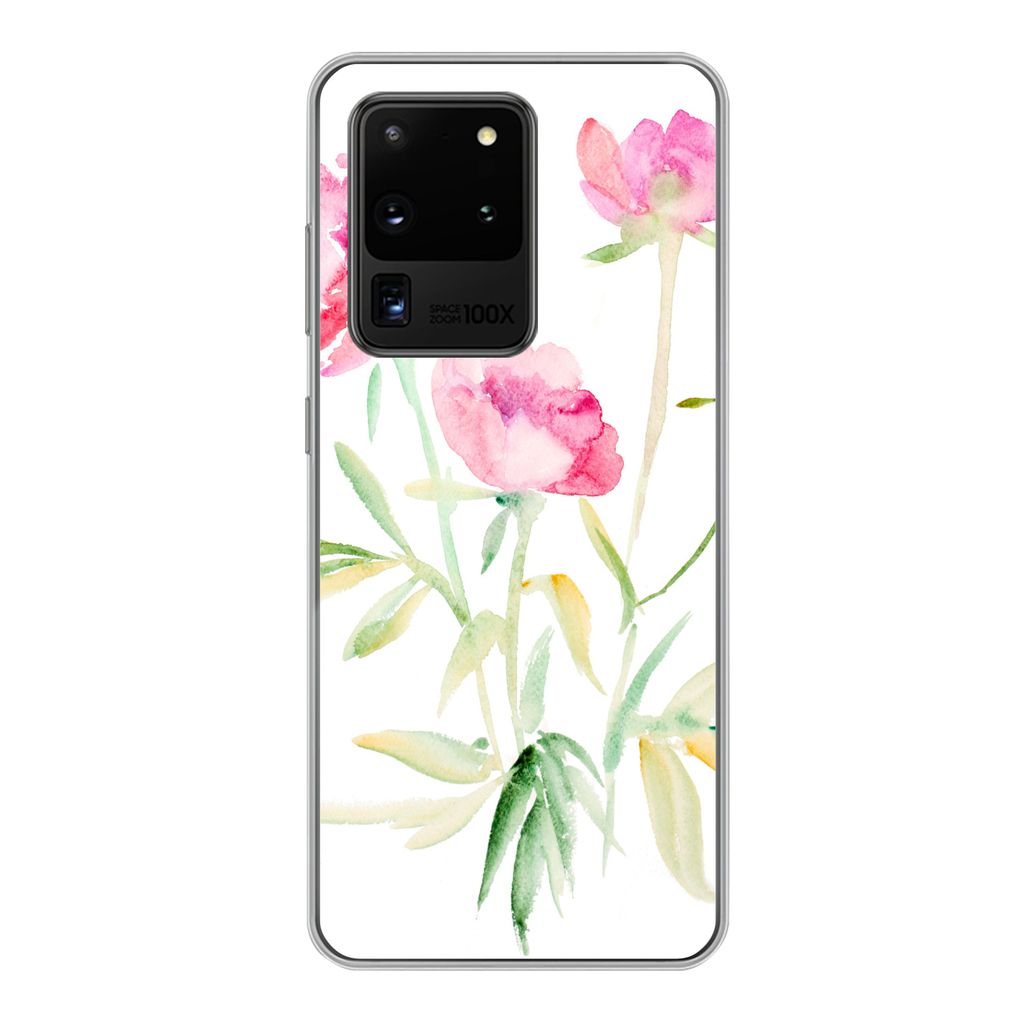 MuchoWow Handyhülle Schutzhülle Hülle für Samsung Galaxy S20 Ultra Blumen - Aquarell - Rosa Silikon Softcase Handy Hülle - Karteninhaber