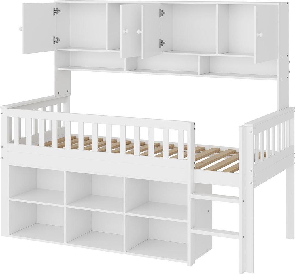 Kinderbett aus Holz 90*200 cm, mit Staufach, mit Schließfächern und Sicherheitsleiter, Einzelbett, Kinderbett, weiß