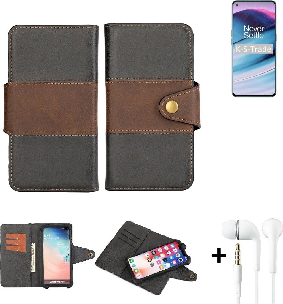 K-S-Trade Handyhülle Schutzhülle Bookstyle Wallet-Case kompatibel mit OnePlus Nord N20 5G + earphones Bumper rundumschutz schwarz-braun 1x