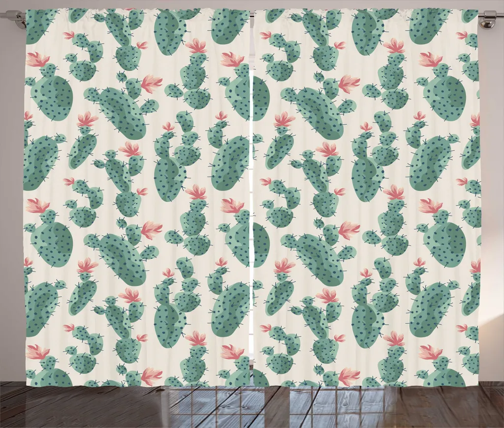 Rideaux de Salon Universels Motif Cactus et Fleurs 280x225 cm Vert