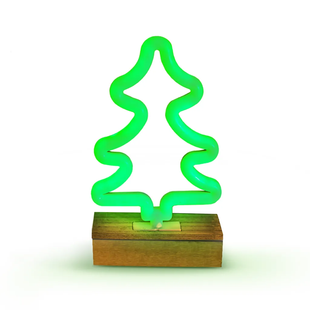 Lampe de Noël Sapin Néon Vert pour Ambiance Festive avec Socle Bois