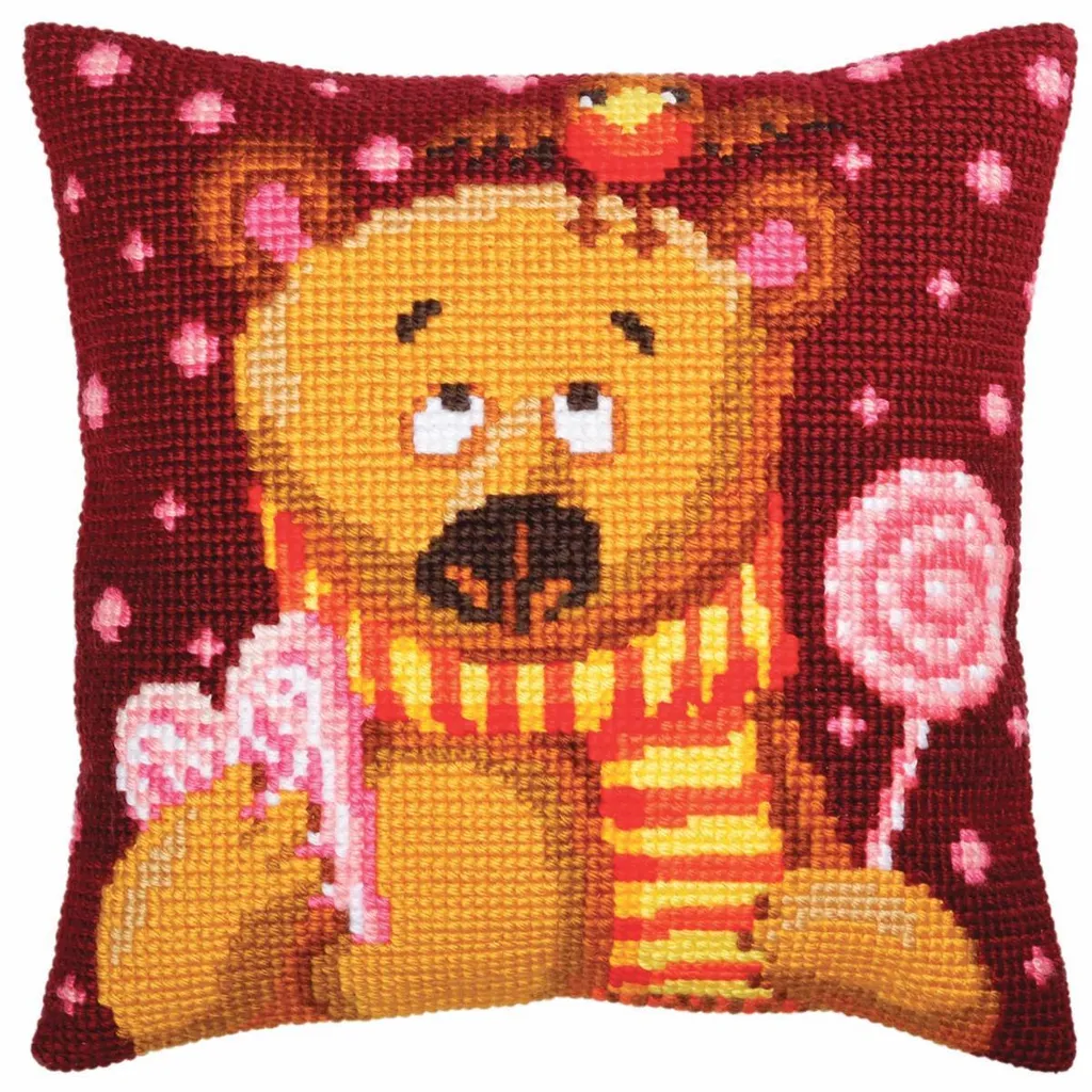 Canevas à Broder Coussin Nounours Point de Croix 40x40cm Pré-Dessiné