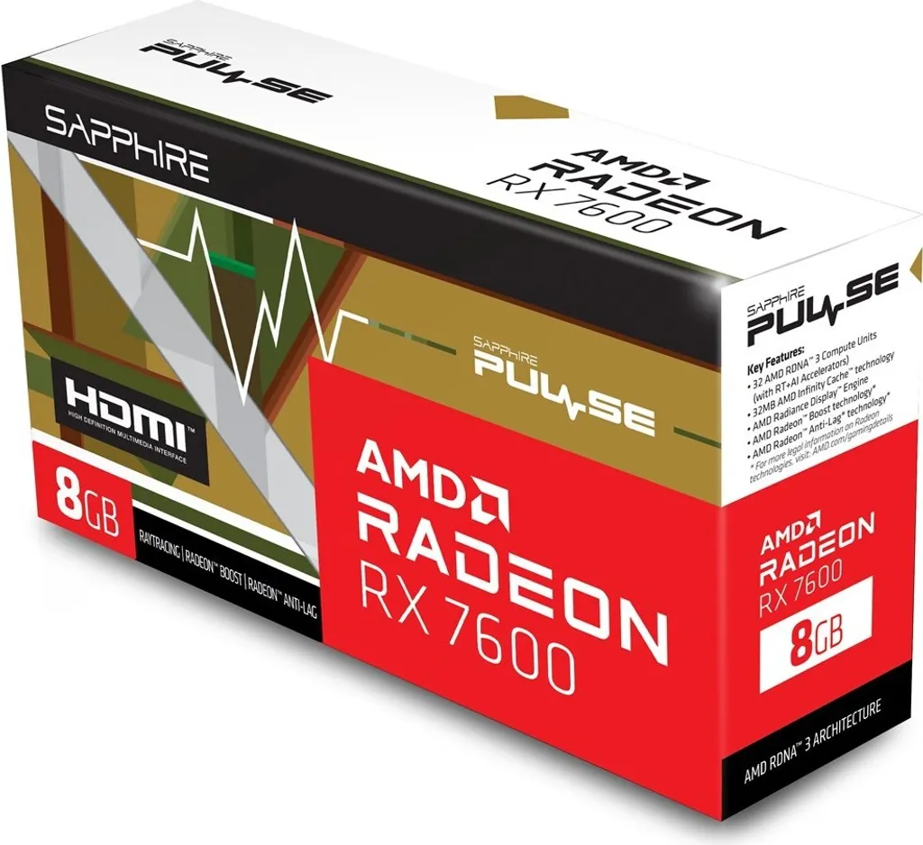 Carte Graphique Gaming Sapphire RX 7600 8GB OC pour PC Fixe Gamer Noir