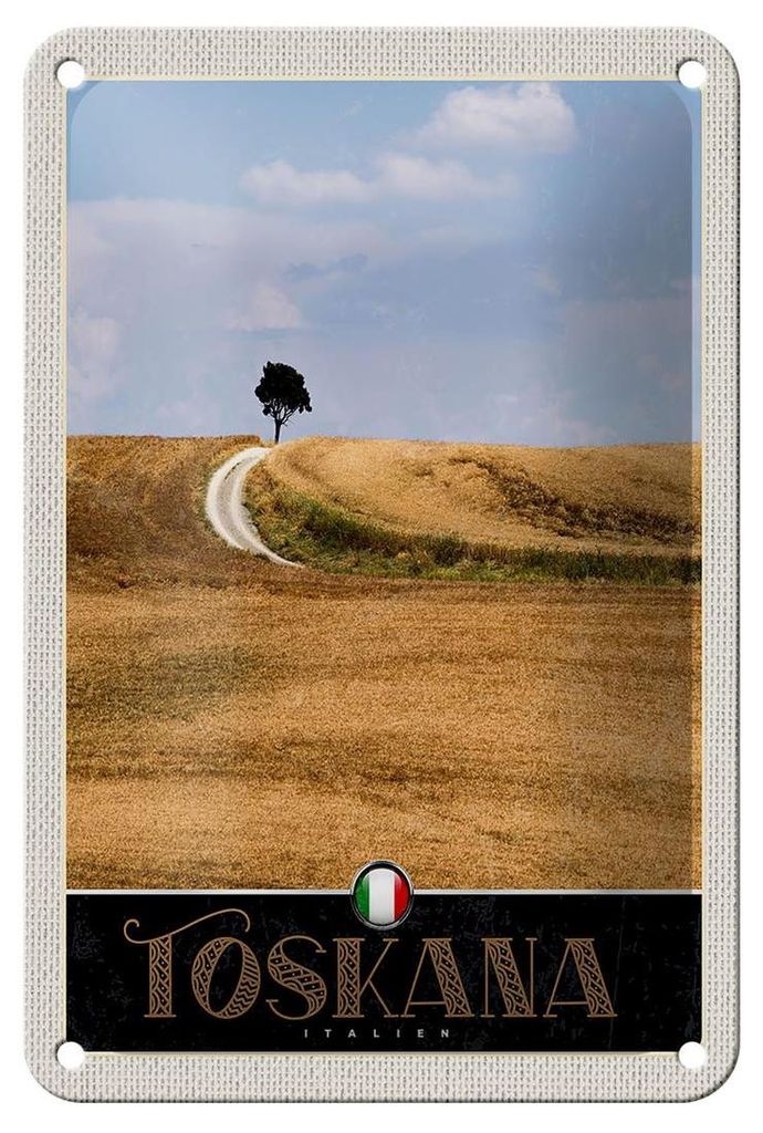 Blechschild Reise 12x18cm Toskana Italien Baum Wiese Natur Schild