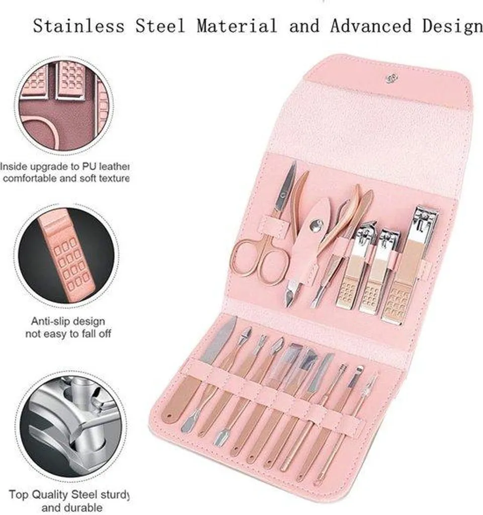 Kit manucure 16 en 1 acier inoxydable rose doré - Finition Premium