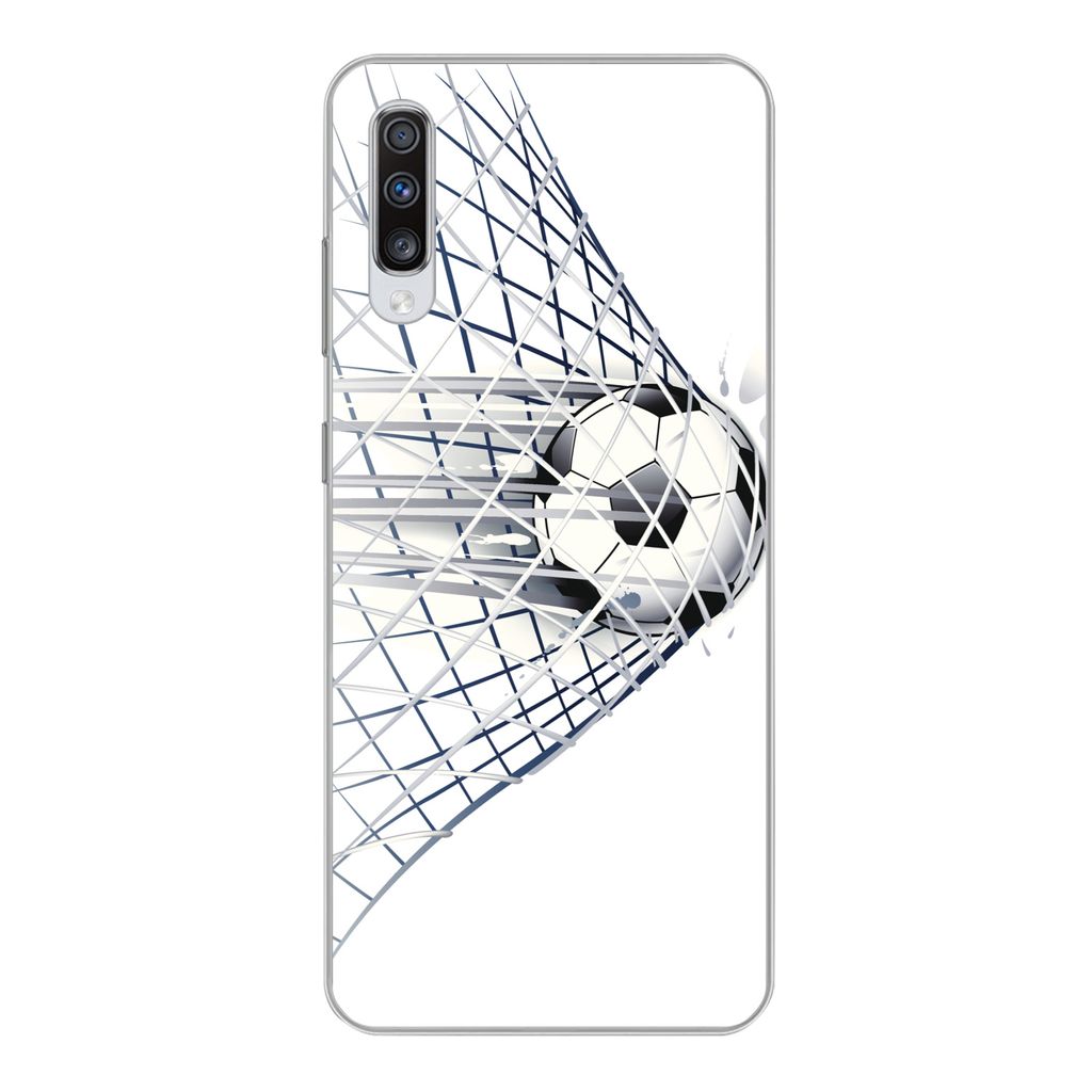 MuchoWow Handyhülle Schutzhülle Hülle für Samsung Galaxy A70 Eine Illustration eines Fußballs, der ins Tor geht - Jungen - Mädchen - Kinder...