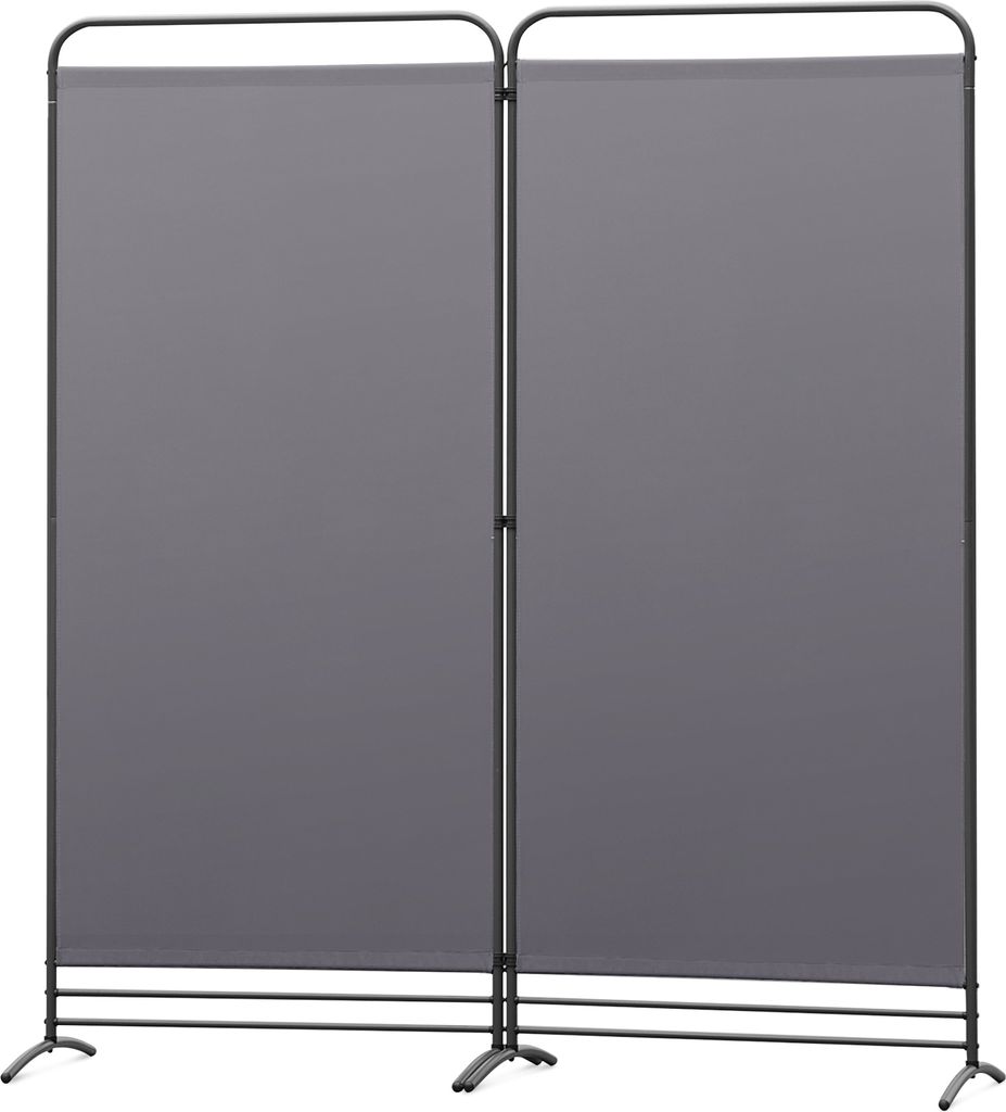 A two-panel room divider with a gray fabric screen and a black metal frame, shown against a white background.