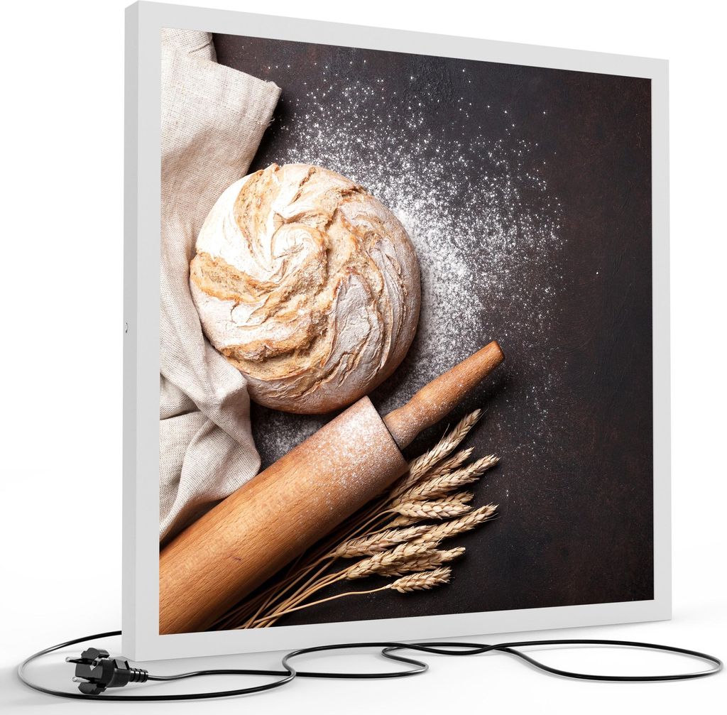 DEQORI LED-Bild & Lampe 60x60 cm Weiß 'Brot mit Nudelholz' Leuchtbild LED Leuchte