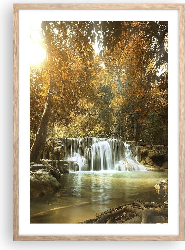 Gerahmtes Poster - Rahmen in heller Eiche - Park Wasserfall Wasser - 50x70 cm - Wand Bild - Wanddeko - Wandbilder - Wandposter - Bilderrahmen - Bil...