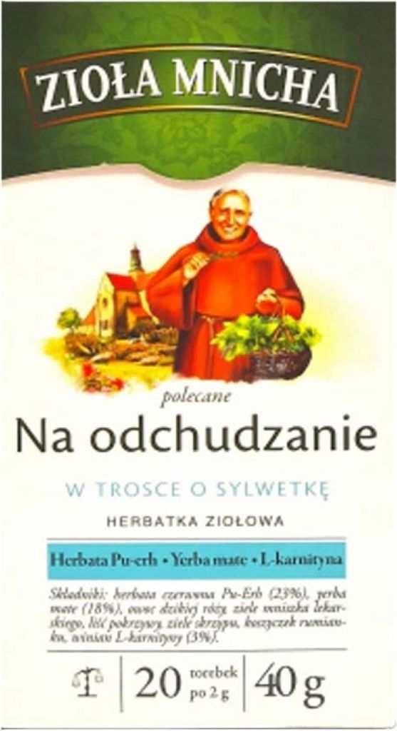 A box of herbal tea with an illustration of a monk.