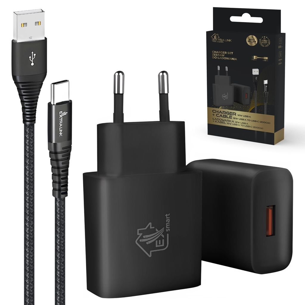 Extralink Smart Life USB Typ-A zu Typ-C, 200cm, Schwarz + Ladegerät 12W, Schwarz