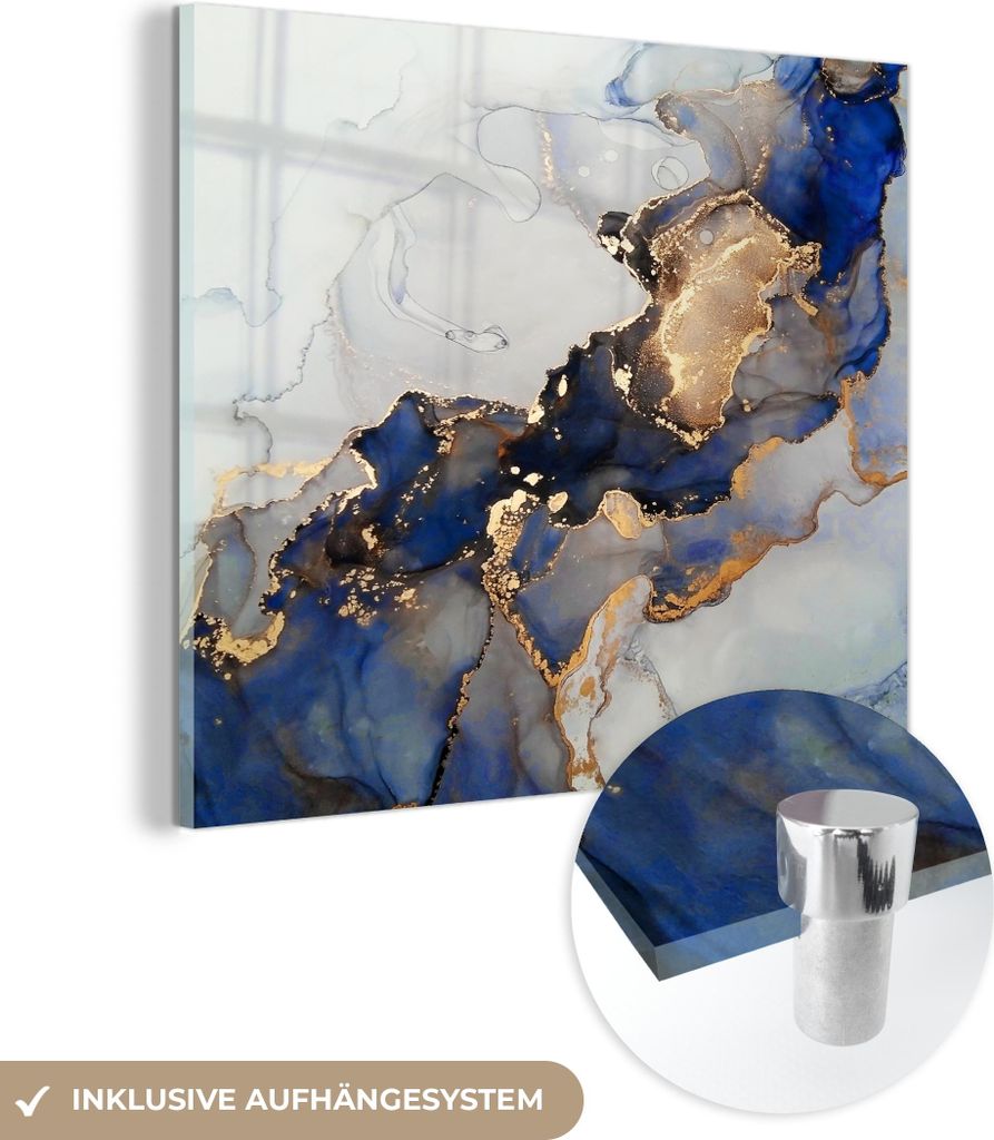 MuchoWow Glasbilder - Bilder auf Wandbild - Foto auf Glas Marmor - Blau - Gold 20x20 cm Wanddekoration aus Glas - Acrylglasbild - Acrylbilder - Bil...