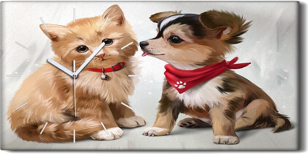 Wandbild Leinwand Bilder Wanduhr 60x30 Foto Bild niedliche Tiere Katze Hund - weiße Hände