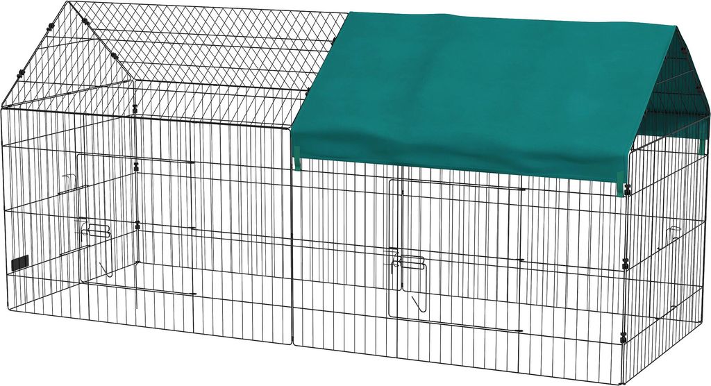 Kleintiergehege mit Dach, 4 Türen, wetterfest, Stahl/Polyester, 220x85x103cm, Grün/Schwarz