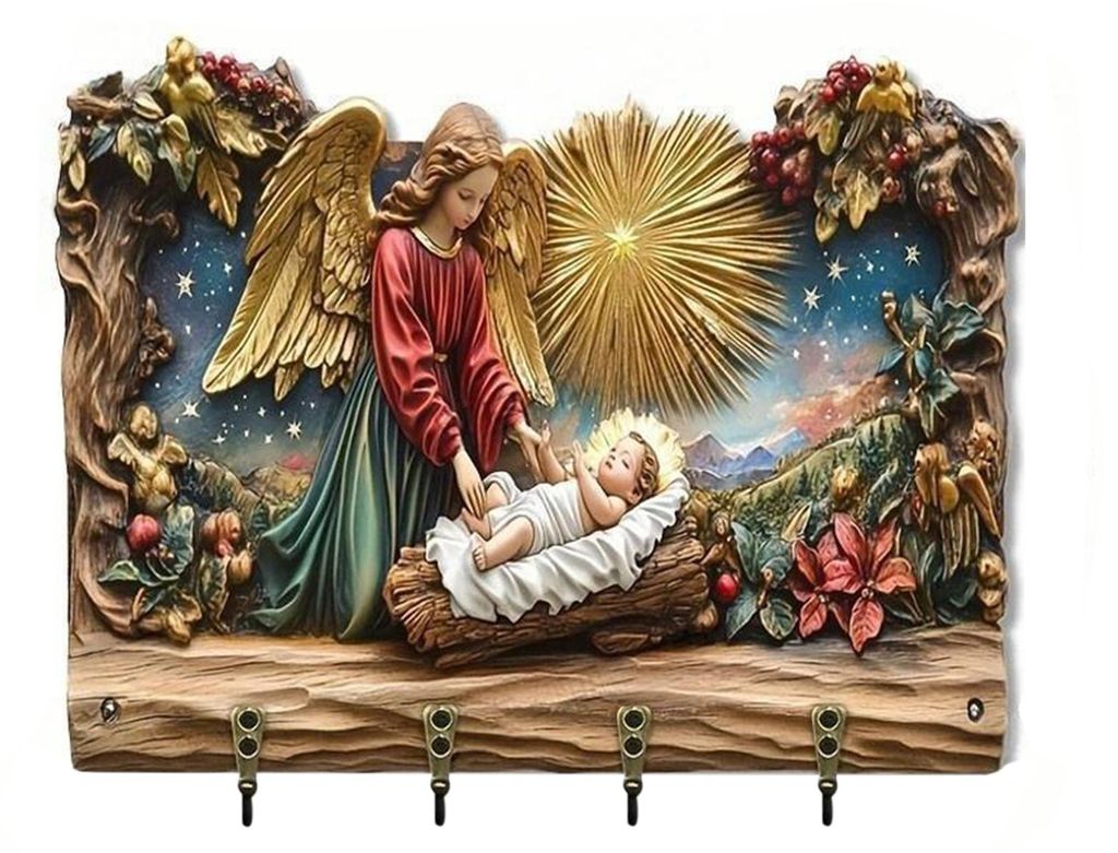 Christlicher Schlüsselhalter aus Holz, 2D-Motiv mit Jesus- und Kommunionsmotiv, Schlüsselanhänger mit 4 Haken, religiöser Wandschlüsselhalter ...