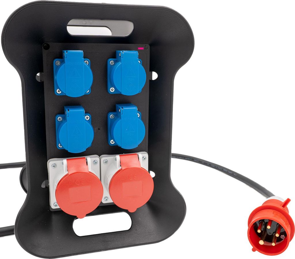 Starkstromverteiler 16A 400V 230V CEE Stecker Steckdosen Schuko Schutz IP44 VDE Stromverteiler 1,6m H07RN-F 5G2,5 Industrie Veranstaltungen Starkst...