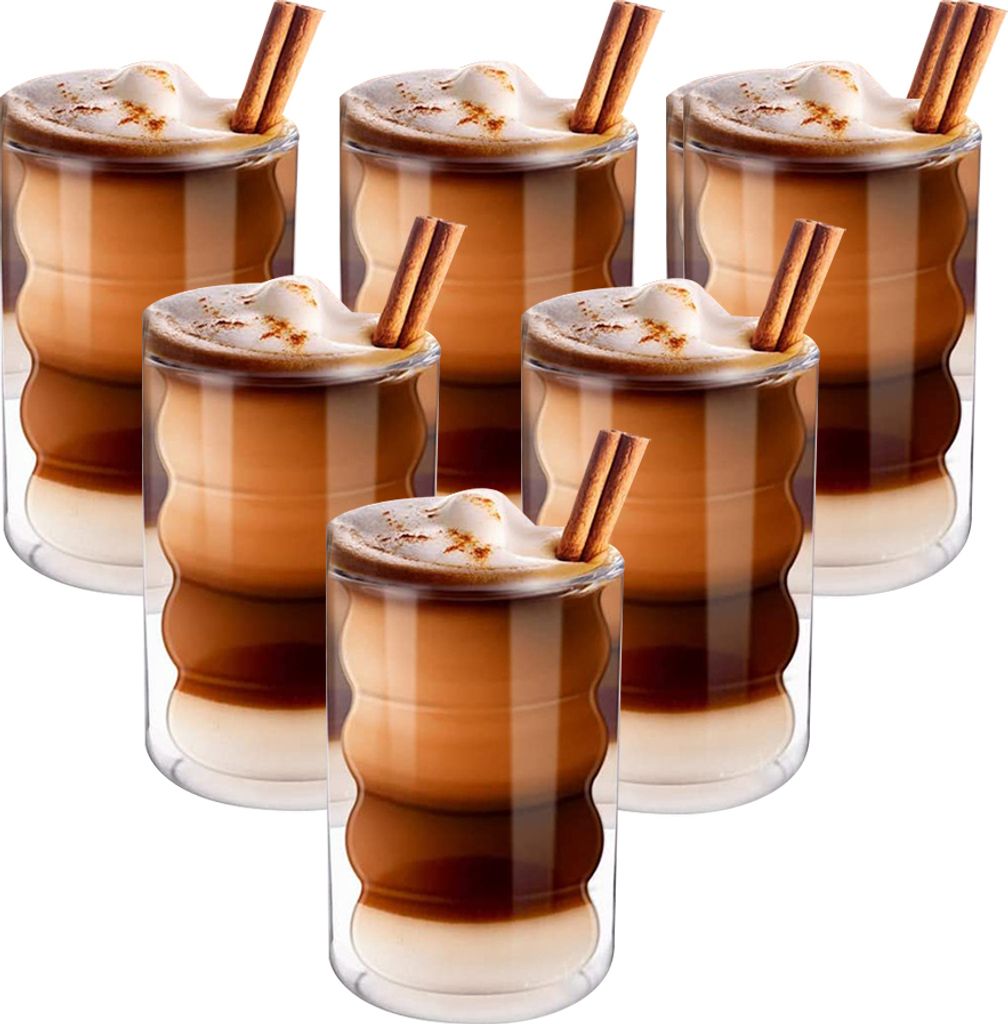 Latte Macchiato Gläser doppelwandig 350ml 6er Set,Thermoglas aus Borosilikatglas,Espressotassen Kaffeebecher Trinkgläser Capuccino-Tassen Eisbech...