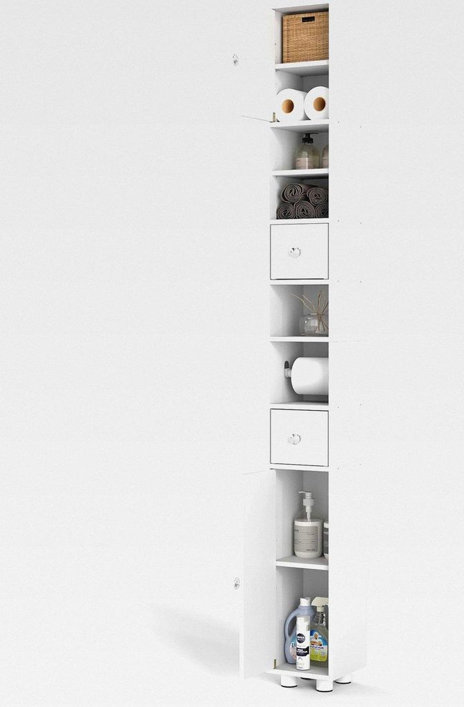 Badezimmer Hochschrank Schmal mit 2 Schubladen & 3 Verstellbaren Regalen, Weißer Badschrank 20cm Breit aus MDF