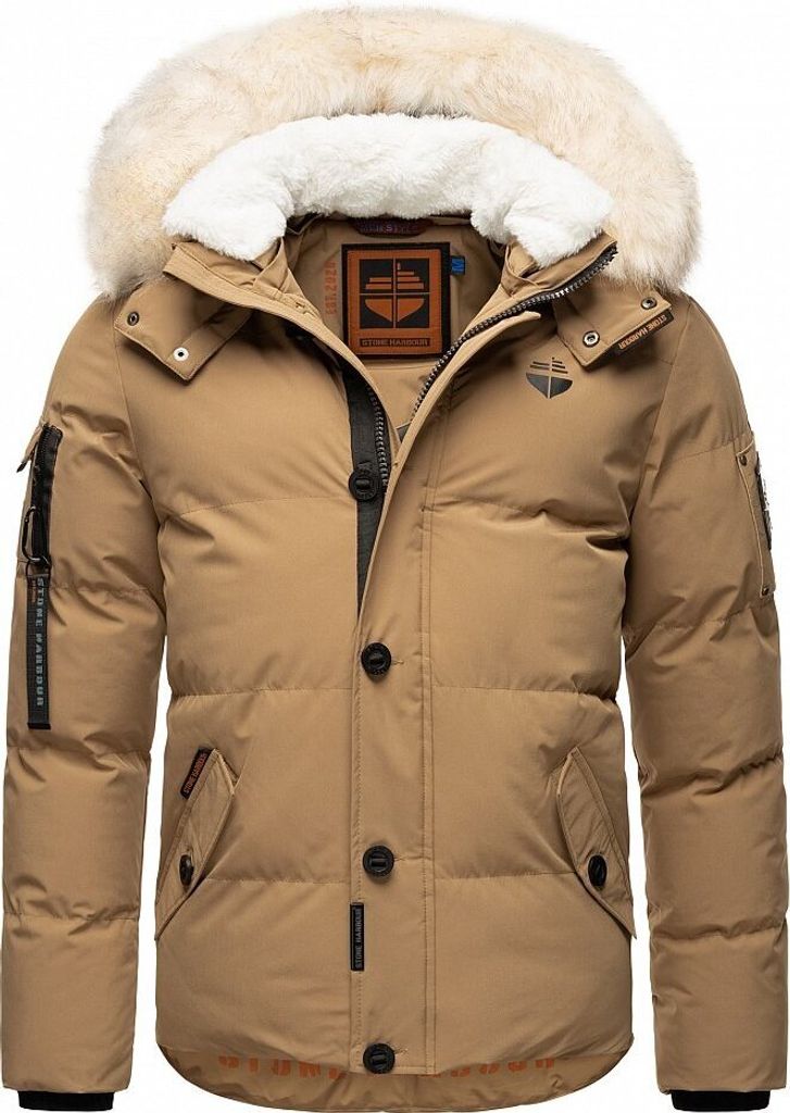 Stone Harbour Herren Winterjacke Steppjacke Parka Teddyfell warm gefüttert Kapuze Halvaar Hell Braun mit Weißem Fell Größe. XXL