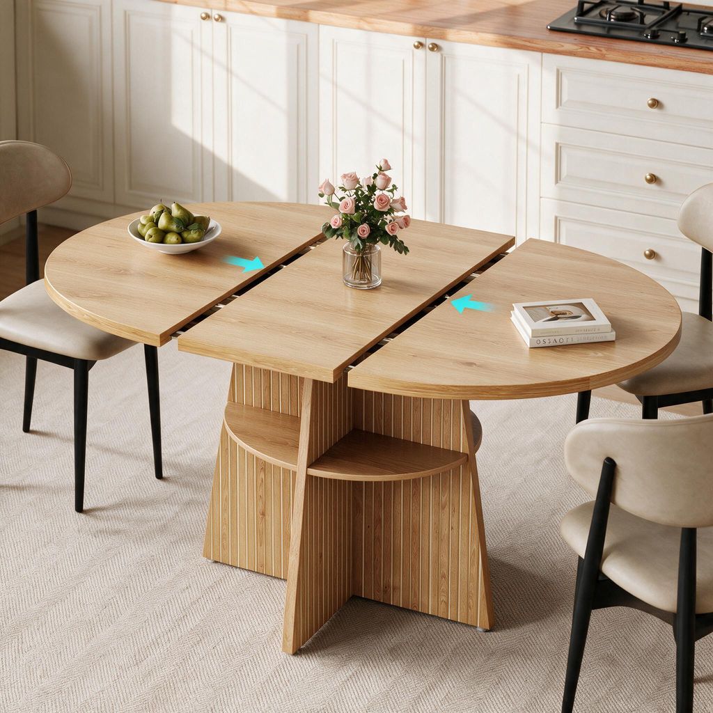 (Natural) Ausziehbarer Esstisch 110–150 cm, runder Produktbild 