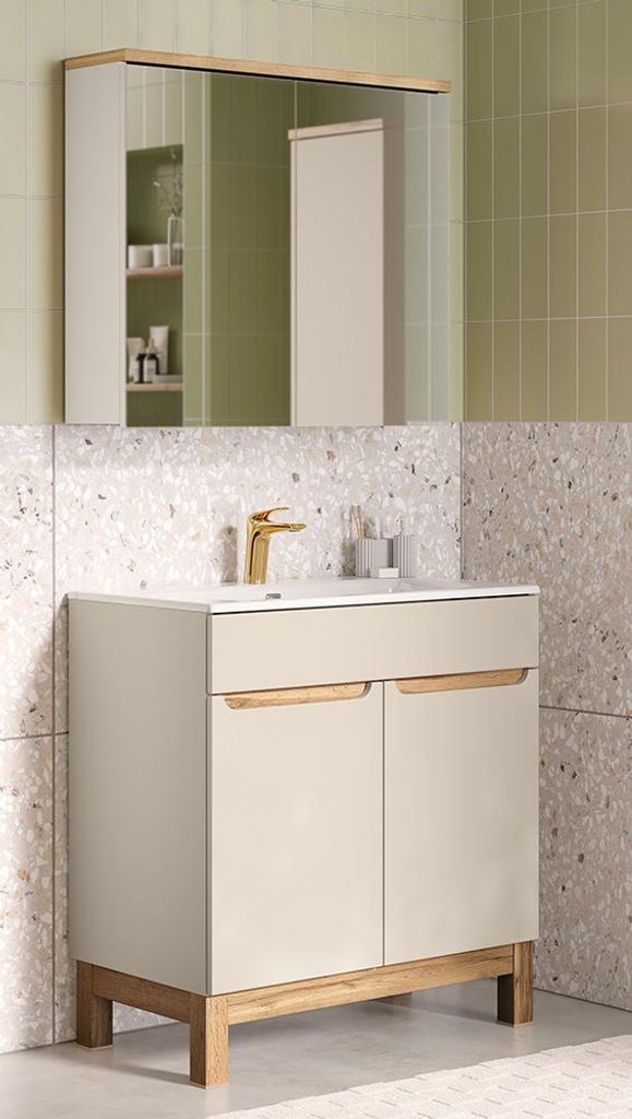 Badmöbel-Set 2-teilig mit 80 cm Waschtisch & Spiegelschrank in kaschmir und Eiche, modern grifflos - SOLNA-56-CASHMERE