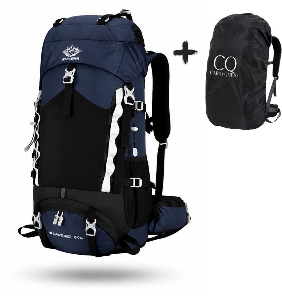 CarryQuest® - Wandelrugzak 60L, nylon, met blauwe regenhoes Productafbeelding 