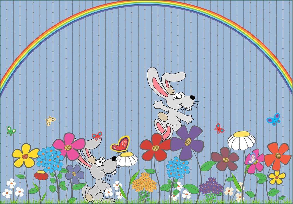 Wallario Fototapete Vliestapete, seidenmatte Oberfläche, einfache Verarbeitung, Größe 200 x 140 cm, Motiv Süße Hasen unter einem Regenbogen