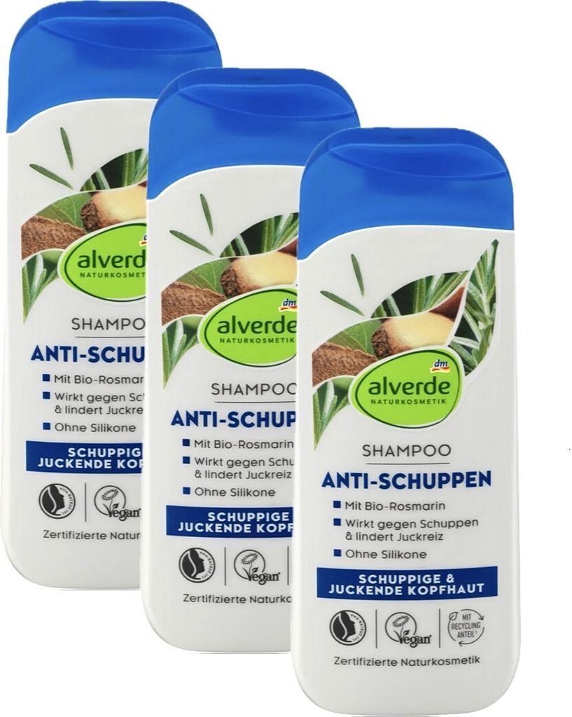 3 x alverde Naturkosmetik - Shampoo Anti-Schuppen Bio-Paranuss & Bio-Rosmarin (3 x 200 ml)