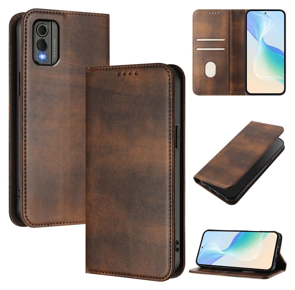 A collage of images showing a brown leather flip phone case from different angles, including one with a phone inside and another showing the interior card slots.