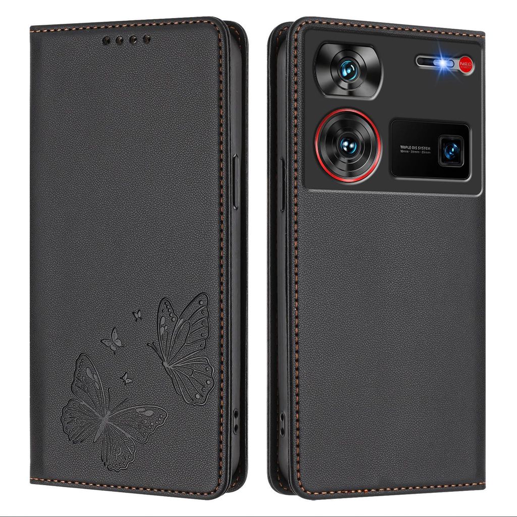 Lederhülle für ZTE Nubia Z60 Ultra, Schmetterling Prägung Leder Brieftasche Schutzhülle mit Ständer Schwarz
