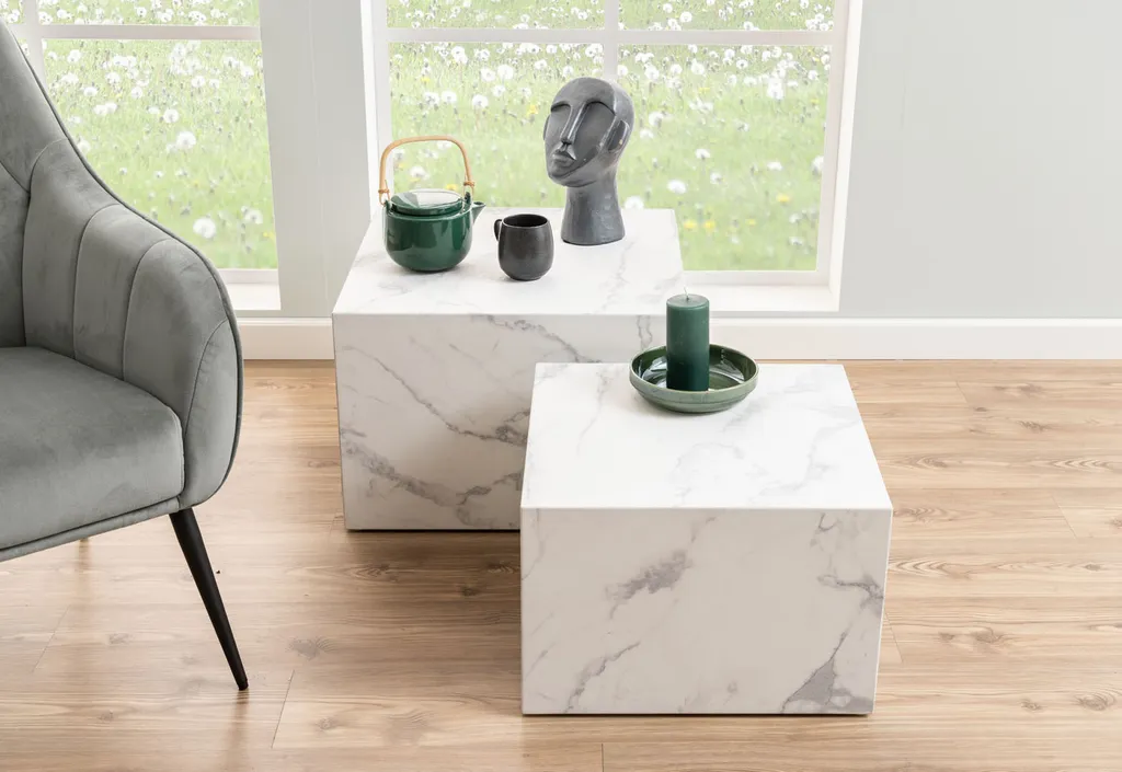 Table basse marbrée blanche Dice set de 2 tables gigognes de salon chic - 10