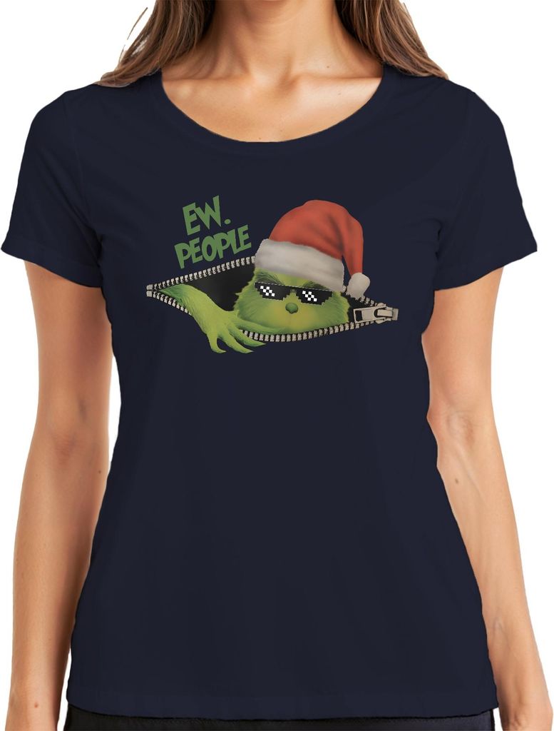 EW PEOPLE Weihnachtsmuffel grün Pixel Sonnenbrille Reißverschluss Damen T-Shirt, Navy, XXL